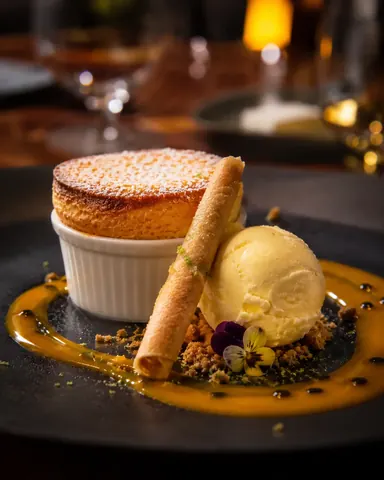 Passion fruit soufflé food photography by CineGrow